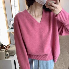 2025秋冬新款V领山羊绒针织打底衫女时尚宽松慵懒风毛衣羊毛外穿