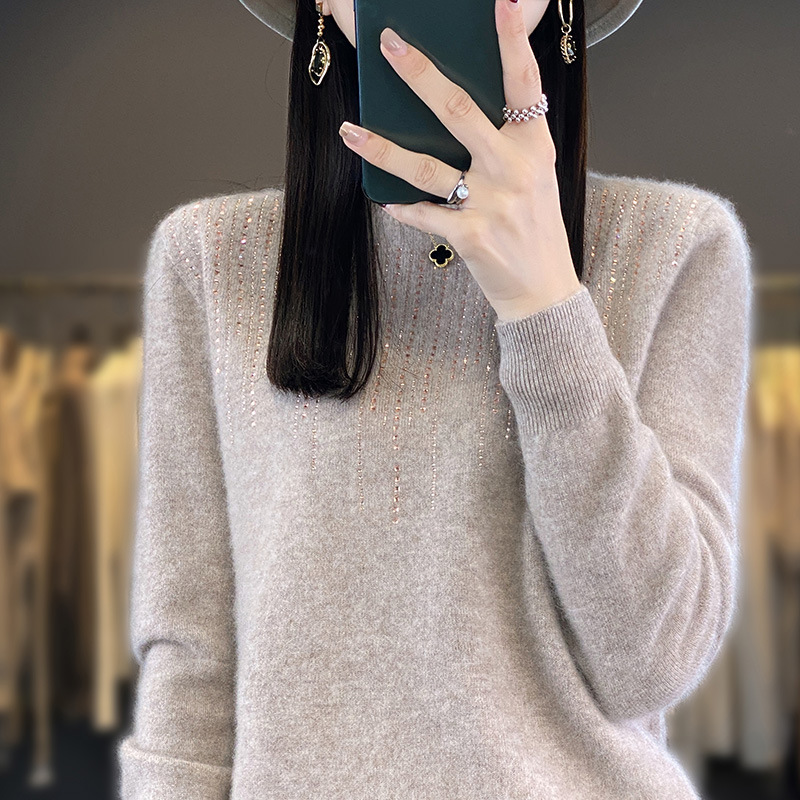 Ropa de primera línea sin costuras 2023 otoño e invierno nuevas mujeres cuello redondo Jersey de manga larga con lentejuelas camisa de fondo de punto Andy Velvet
