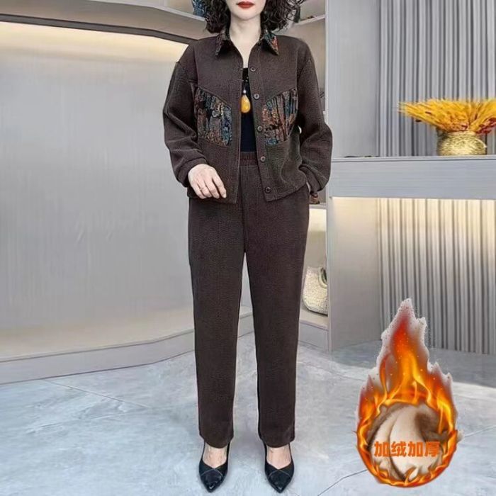 中老年翻领外套运动套装女秋冬宽松休闲洋气妈妈装国风加绒两件套|undefined