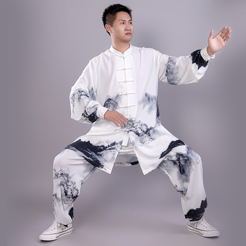 White with black gradient tai chi clothing gradient landscape painting show men and women clothing tai chi chinese kung fu uniforms new martial arts clothing