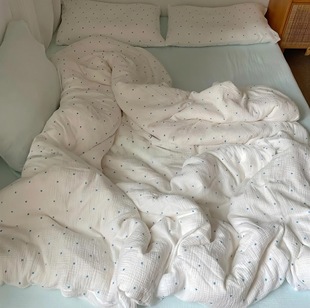 Category a Maternal and Infant Grade Wrinkled Double-Layer Yarn Four-Piece Set Pure Cotton Polka Dot Quilt Cover Simple Pure Color Bed Sheetss Wholesale