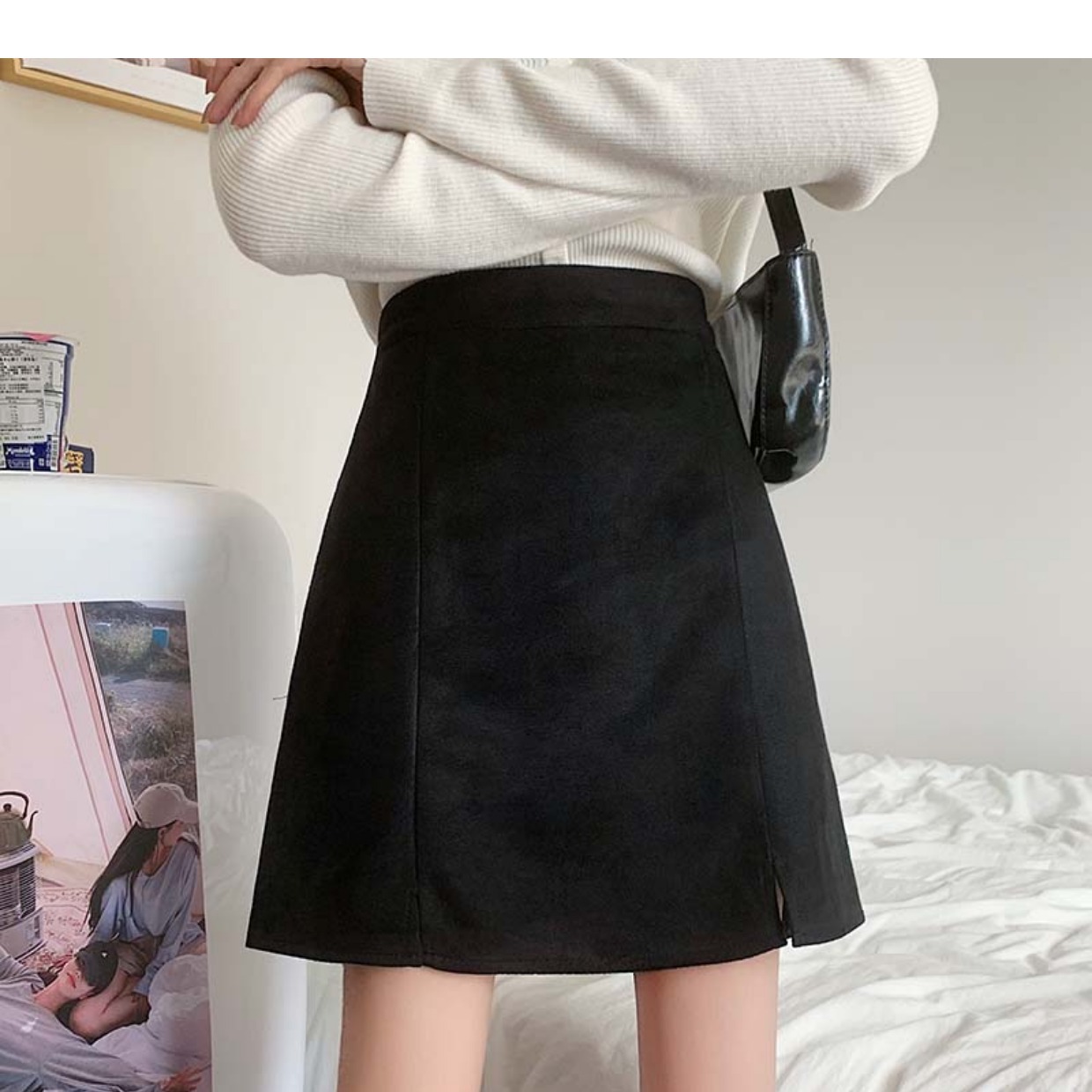 GraceChic GraceChic GraceChic 2023 Autumn Winter High Waist Split Suede Velvet Midi Plus Size Slimming A-line Bodycon Versatile Black Short Skirt_voghion.com