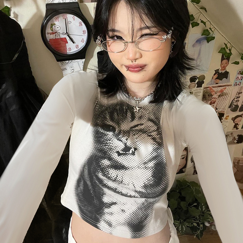 2025 Summer Cute Cat Printed Round Neck Long-sleeved T-shirt Spice Girls Street Distinctive Navel Slimming All-match Top
