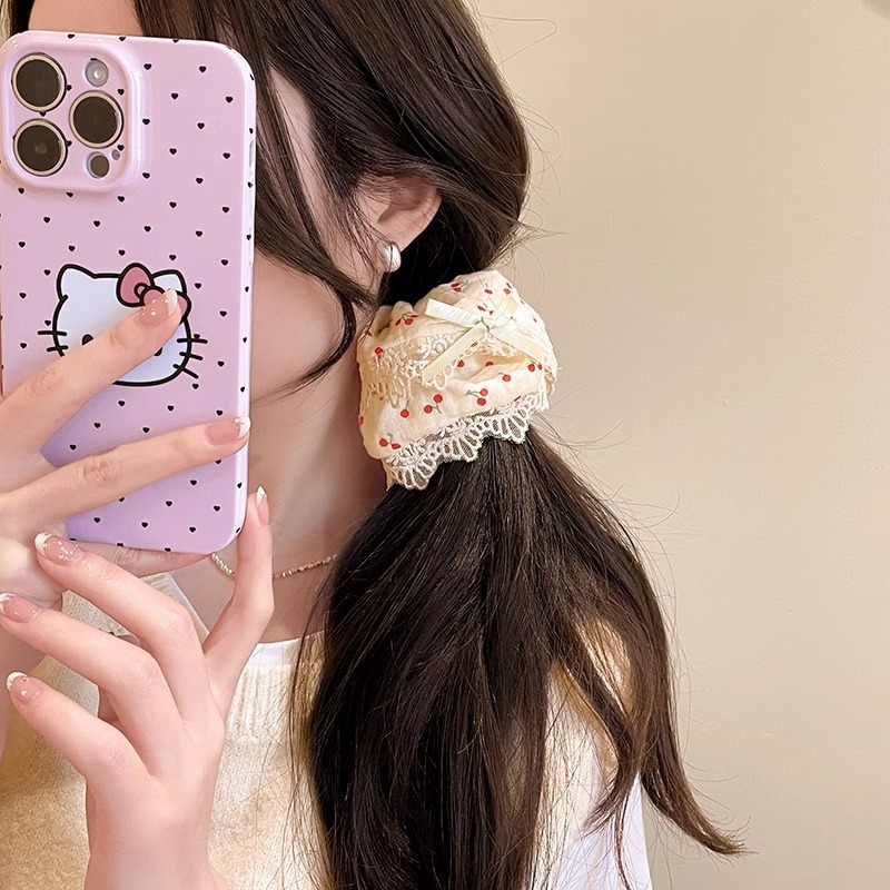 Accesorio para el cabello de estilo francés para mujer, pañuelo cuadrado simple, coletero de gran tamaño con ribete de encaje.