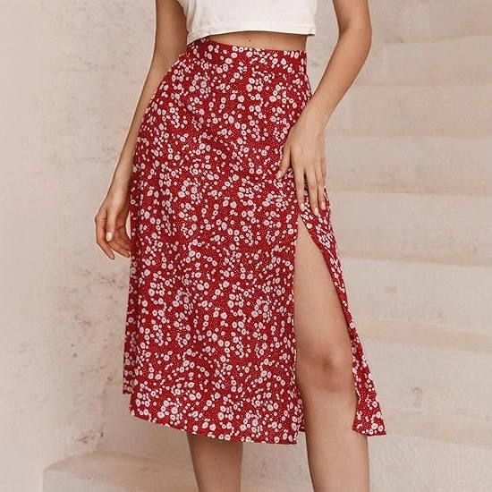 Amazon European and American Clothing Flower Print Long Skirt High Waist Slit Hip Skirt Mid-Length A-Line Skirt