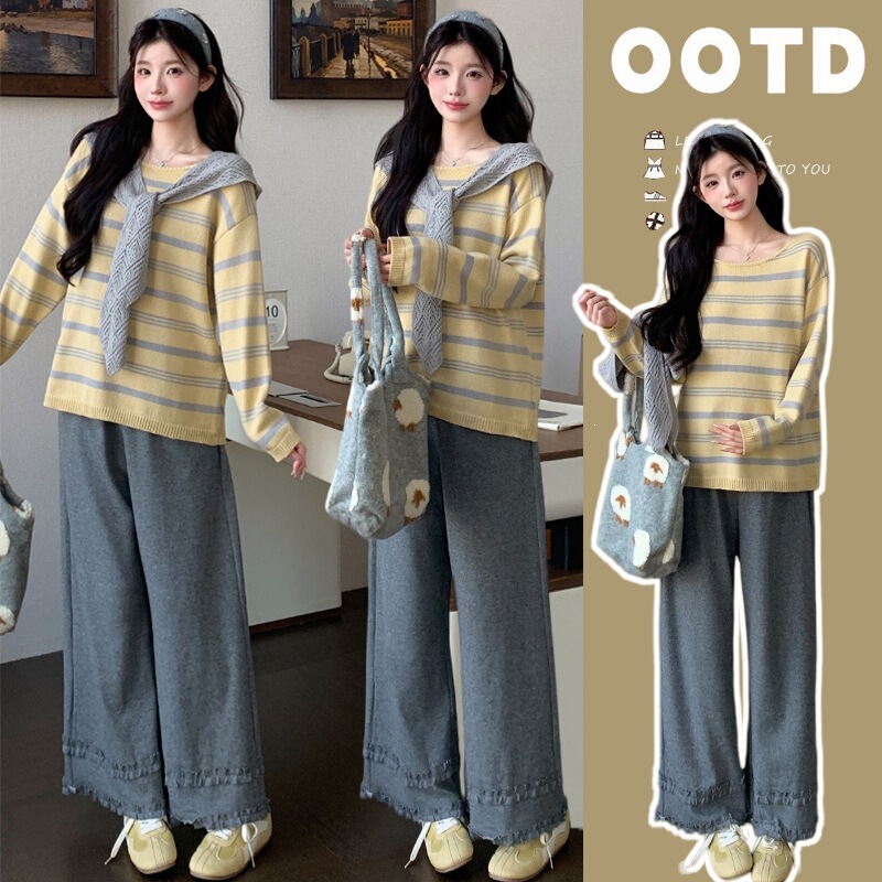Cat Single [Creamy Yellow Filling] Maternity Wear Autumn New Collection Elegant Slimming Knit Top and Cropped Pants Two-Piece Set