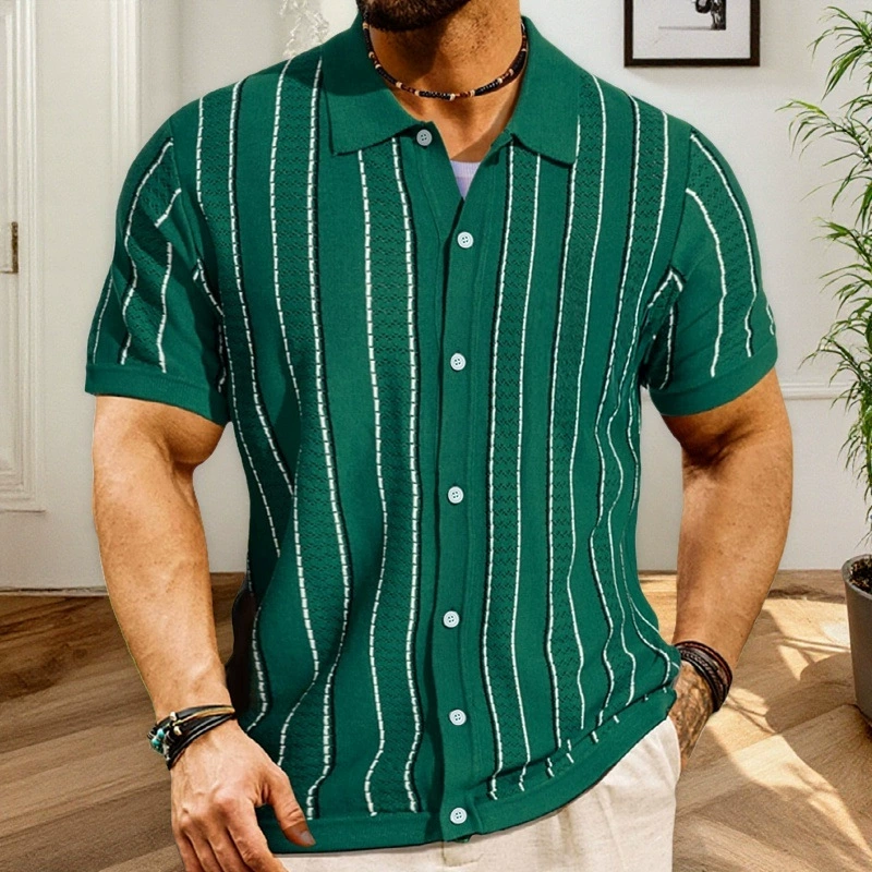 Европейская и американская трансграничная мужская летняя новая модель с короткими рукавами в полоску вязаный свитер модный кардиган вязаный свитер POLOSY0115