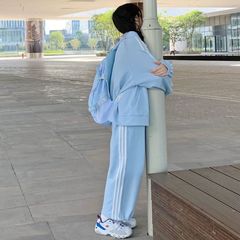 秋季日系套装女学生宽松学院风软妹蓝色休闲外套+阔腿裤子两件套