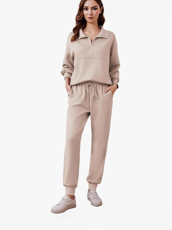 亚马逊女士两件套秋季旅行装长袖运动服慢跑套装半拉链运动服套装|undefined