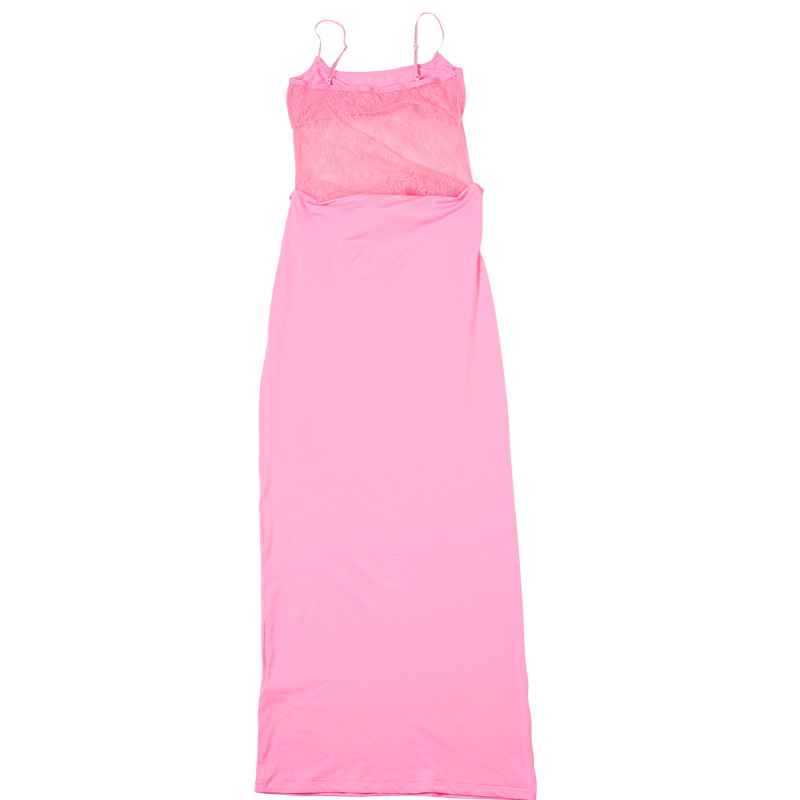 Spring Women Clothing Sexy Lace Stitching See through Backless Sling Dress