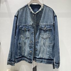 圆领牛仔外套女潮2025秋季新款宽松显瘦复古做旧毛边长袖夹克上衣