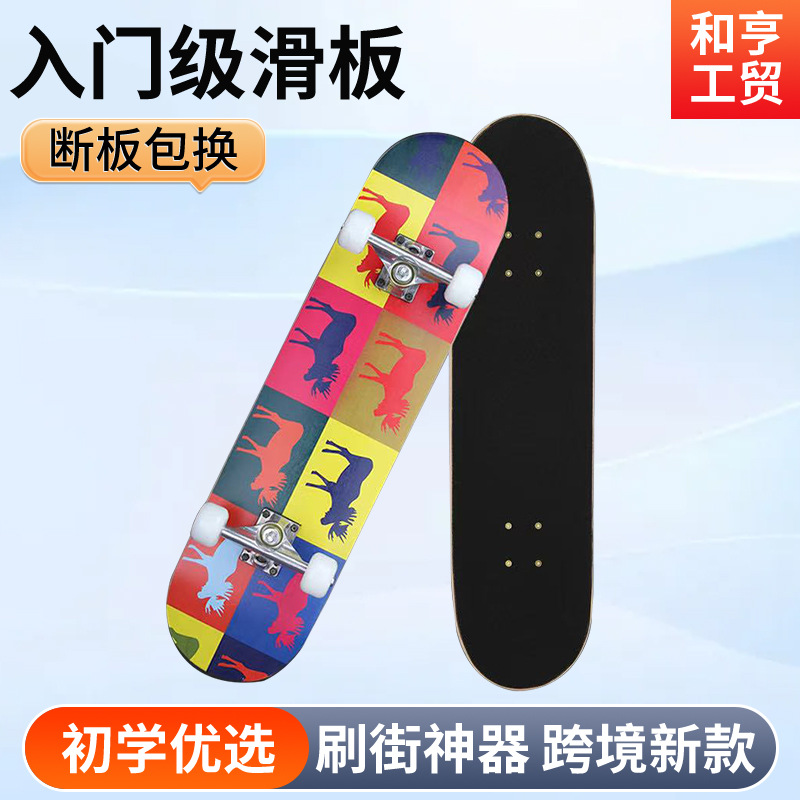 Professional Skateboard for Beginners, Transfer Printing, Suitable for Boys, Girls, Children, Teenagers, Adults, Street Riding, Four-Wheel, Student, Double-Kick Skateboard