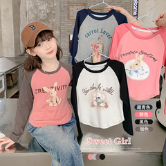 Spring and Autumn Long Sleeve T-shirt for Children, Pure Cotton Cartoon Rabbit Design for Girls, 2024 New Arrival Children's Base Layer Top, Trendy Dropshipping