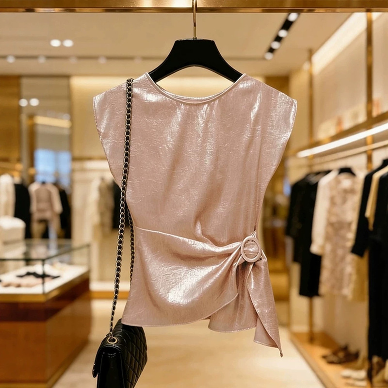 Unique and Super Stylish Pink Satin Waist-Cinching Top, 2026 Summer New Model, Elegant and Luxurious High-End Waist-Cinching Shirt Unique and Super Stylish Pink Satin Waist-Cinching Top, 2026 Summer New Model, Elegant and Luxurious High-End Waist-Cinching Shirt