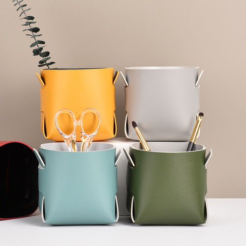 Multifunctional Leather Pen Holder Desktop Organizer Nordic Leather Storage Box Lipstick Key Makeup Brush Bucket