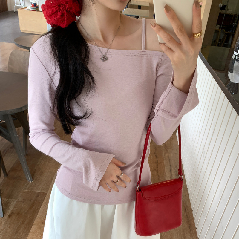 Trendy Sweet Potato Style: This Year's Popular Off-Shoulder Base Shirt for Autumn/Winter 2025, New Waist-Cinching Slimming Long Sleeve T-Shirt