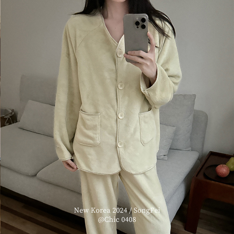 Matte Milk Velvet Korean Style Loose Pajamas Women's Suit Autumn and Winter Fleece-Lined Thickeneded Home Clothes Warm Two-Piece Set