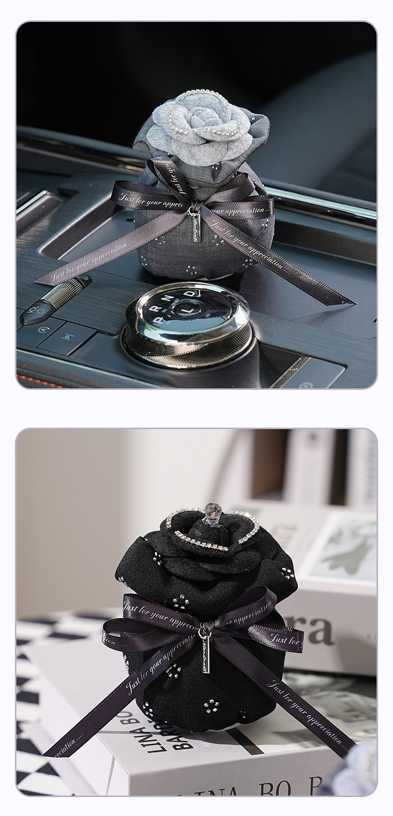 Camellia Car Bamboo Charcoal Bag New Model with Rhinestones Car Decoration Ornament New Car Odor Removal Activated Carbon Bag for Car Interior Use