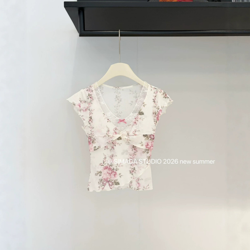 Simida Summer Pure Desire Sweet and Spicy Style Floral Mesh Twist Lace Top Blouse Simida Summer Pure Desire Sweet and Spicy Style Floral Mesh Twist Lace Top Blouse