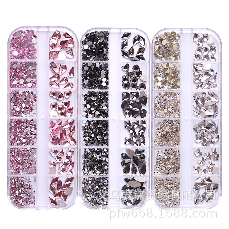 Cross-border nail art 12 box nail drill flat-bottomed shaped drill nail rhinestone nail jewelry suit wholesale Cross-border nail art 12 box nail drill flat-bottomed shaped drill nail rhinestone nail jewelry suit wholesale