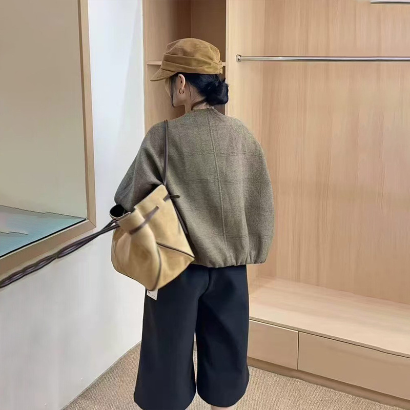 圆领格子拼接复古毛呢外套女短款2025秋冬新款时尚洋气减龄夹克女|undefined