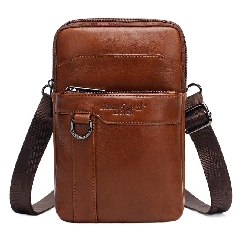 Men's Mobile Phone Waist Bag Genuine Leather Multifunctional 7inch Mini Crossbody Bag Shoulder Bag Retro Wear Belt Waist Bag