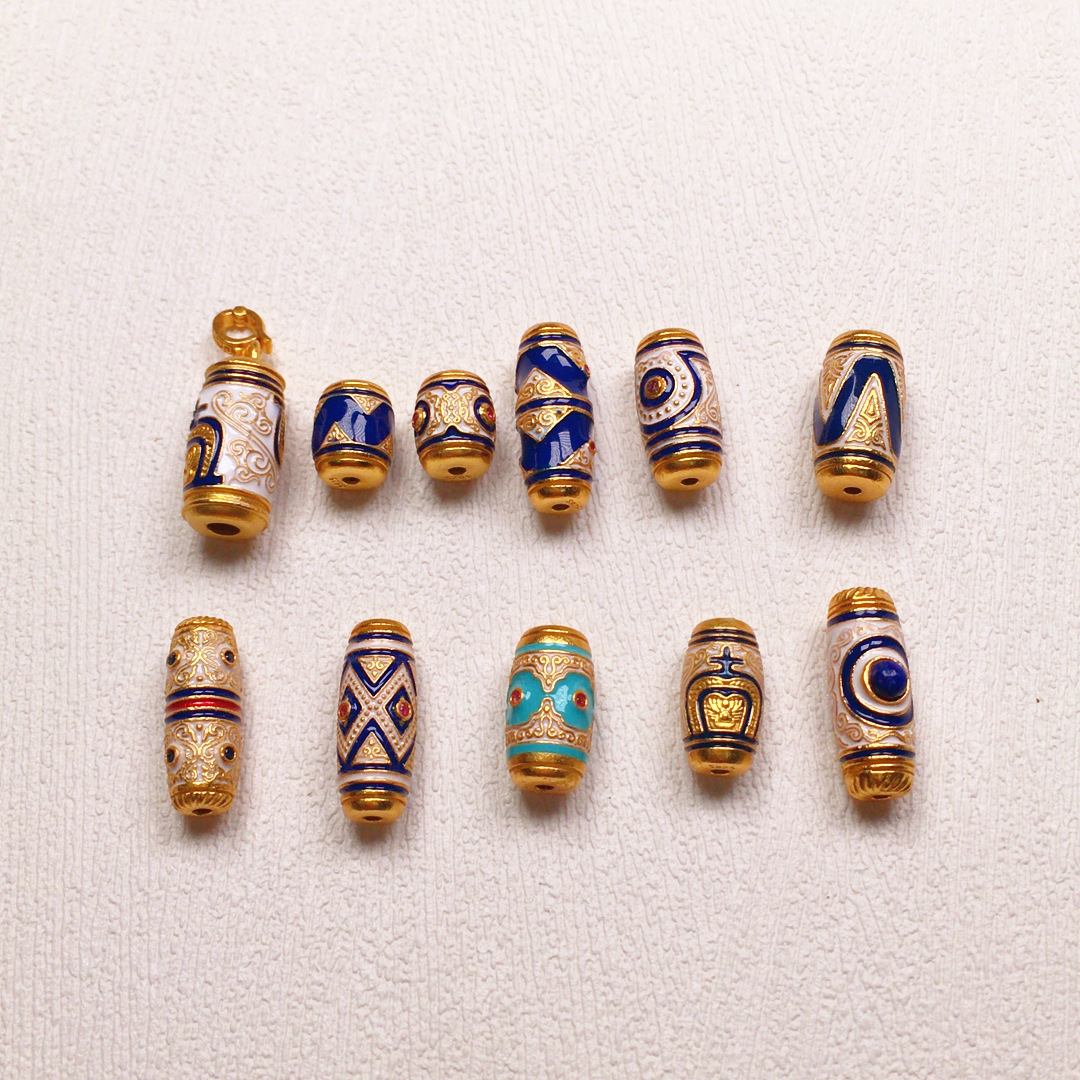 S925 silver gold-plated burning blue drop oil Sky beads barrel beads accessories bracelet bracelet diy semi-finished product spacer beads new special offer