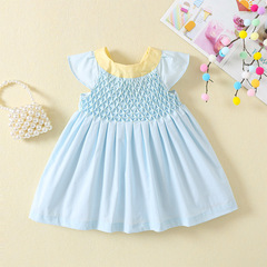 夏季女童手工打攬連衣裙棉中小童洋氣飛袖法式公主裙周歲女寶禮服