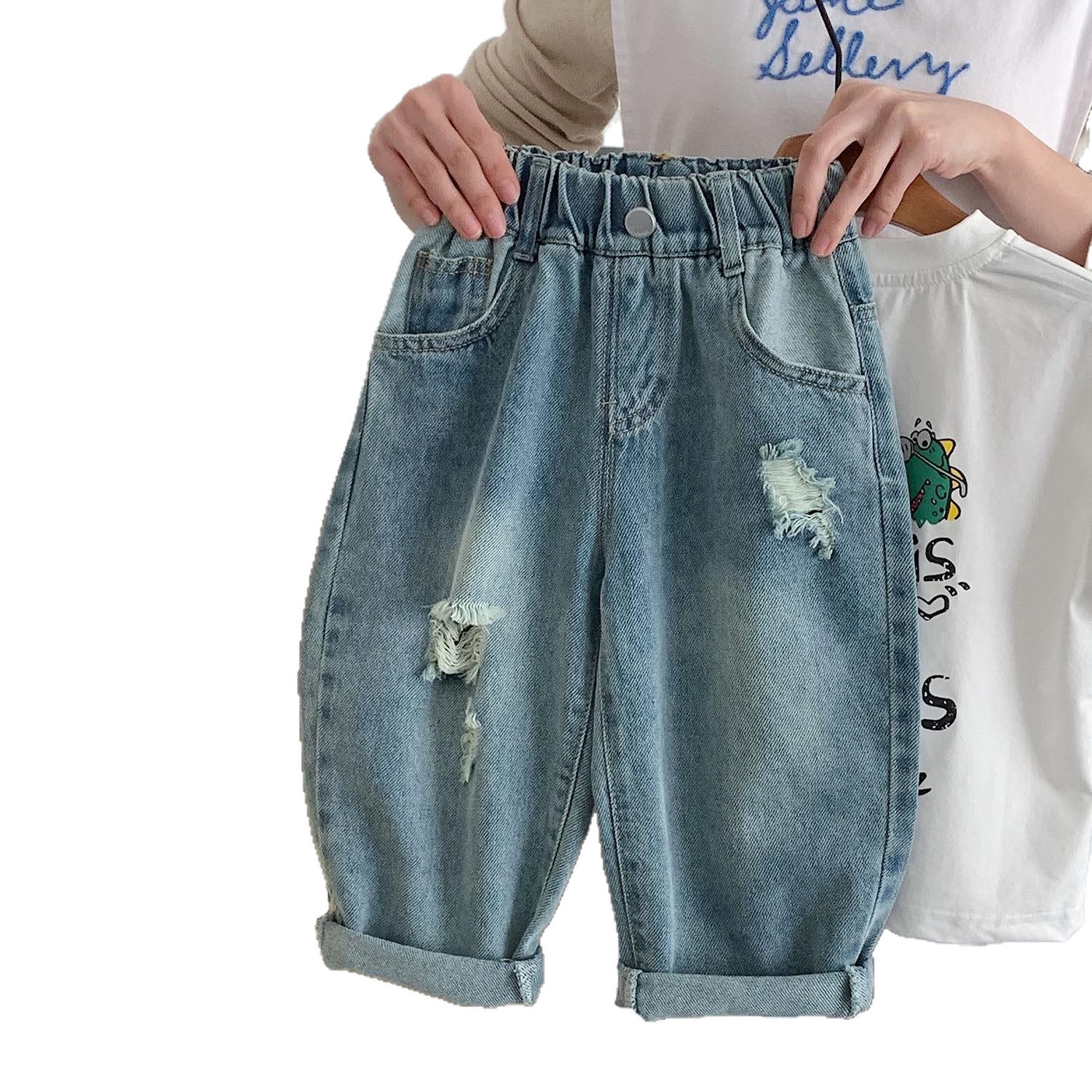 Otoño bebé jeans, pantalones de primavera para niños y niñas, pantalones de rábanes, pantalones de jeans agujeros de letras para niños image 5