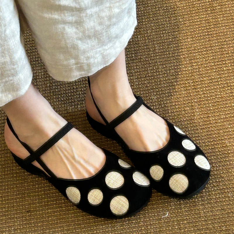 Sheepskin Version! Women's Cute Style Peep-Toe Sandals with Color-Blocking Polka Dots, Round Toe, Elastic Band, Chunky Heel, and Open Back Mary Jane Shoes