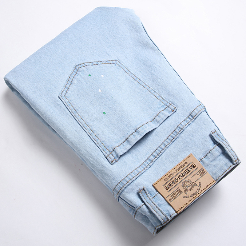 Men's Elastic Knee Ripped Patchwork Jeans New Denim Pants_mkmklike.com