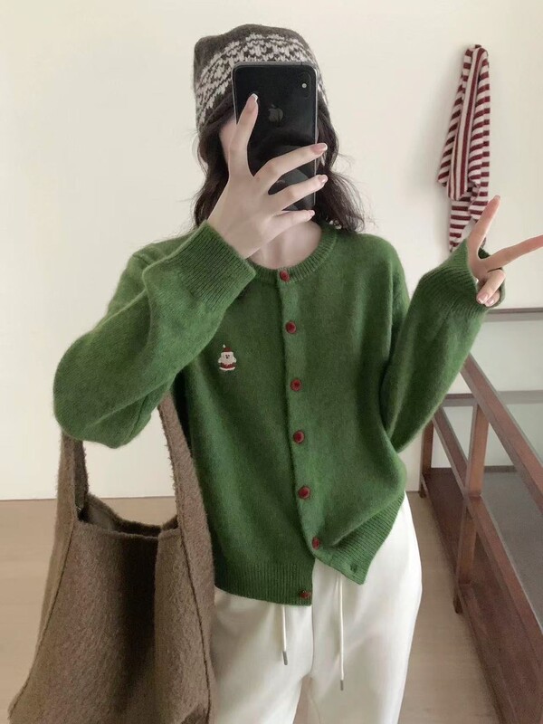 韩系慵懒风宽松刺绣小熊毛衣外套胖mm2025年冬大码甜美针织开衫女|undefined
