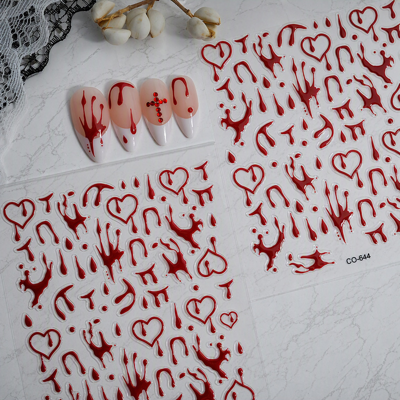 Halloween-themed nail art stickers, jelly-like simulated blood design, DIY matching and decorative stickers, with adhesive backing, heart-shaped nail stickers Halloween-themed nail art stickers, jelly-like simulated blood design, DIY matching and decorative stickers, with adhesive backing, heart-shaped nail stickers
