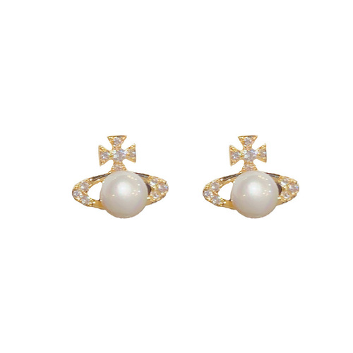 s925 silver needle micro-paved zircon pearl Saturn earrings exquisite small simple earrings temperament light luxury versatile earrings