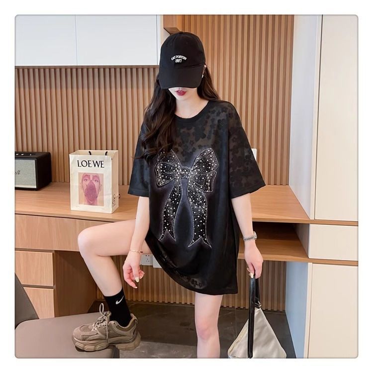 2-300 kg extra grande encaje de diamantes calientes lazo brillante camiseta de manga corta mujer verano de longitud media estilo occidental