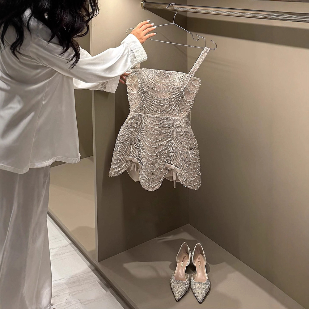 Foreign Trade Nude Pearl Beaded A-Line Sleeveless Evening Dress Classy Suspender Dinner Wedding Short Skirt La73211