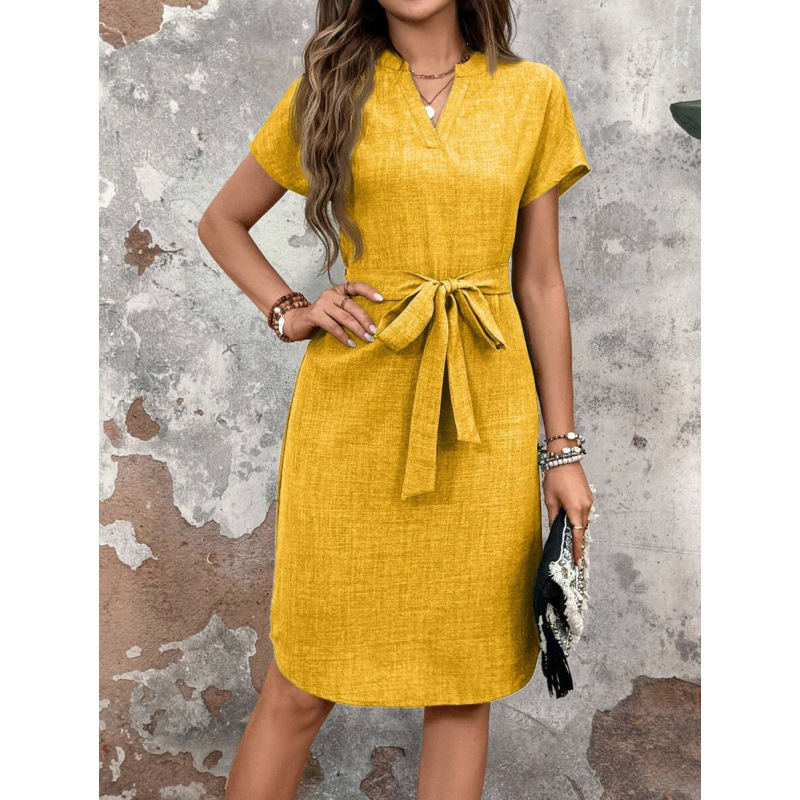 T 19033 V-neck Bow Belt Midi Dress V-neck bow belt midi dress