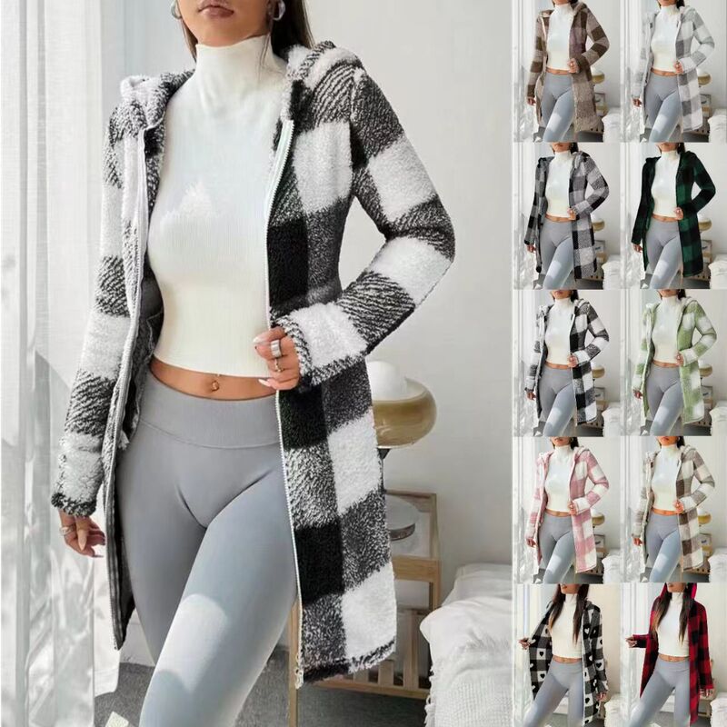 European and American Cross-Border Popular Plaid Print Double-Sided Plush Zipper Cardigan for Women, Autumn and Winter Long Plush Coat, Independent Store