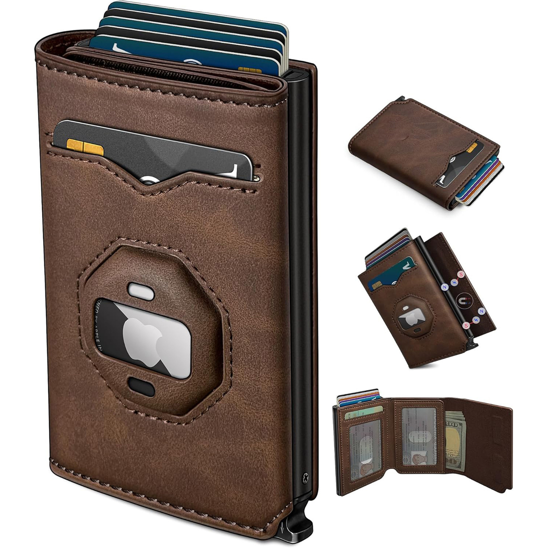 Monedero de rastreo transfronterizo de airtag de hombre multi-tarjeta de fibra de carbono cartera de tarjetas de cartera antirrobo de cepillo de cuero de hombre