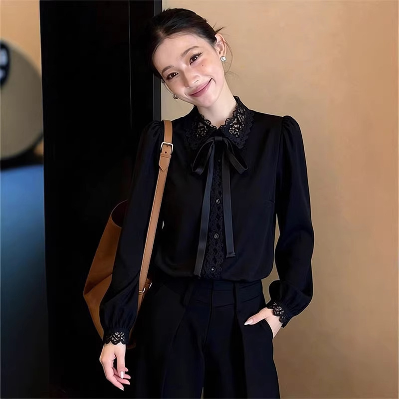 French Retro Lace Bow Shirt for Women 2026 Spring New Style Very Beautiful Black Elegant Inner Top French Retro Lace Bow Shirt for Women 2026 Spring New Style Very Beautiful Black Elegant Inner Top