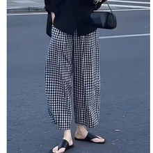 外贸出口通勤女装夏季复古黑白格子休闲裤女夏季大码阔腿裤灯笼裤