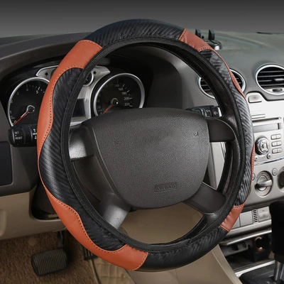 Steering wheel cover | elastic carbon fiber leather four - black-card-banquet-brown-38cm