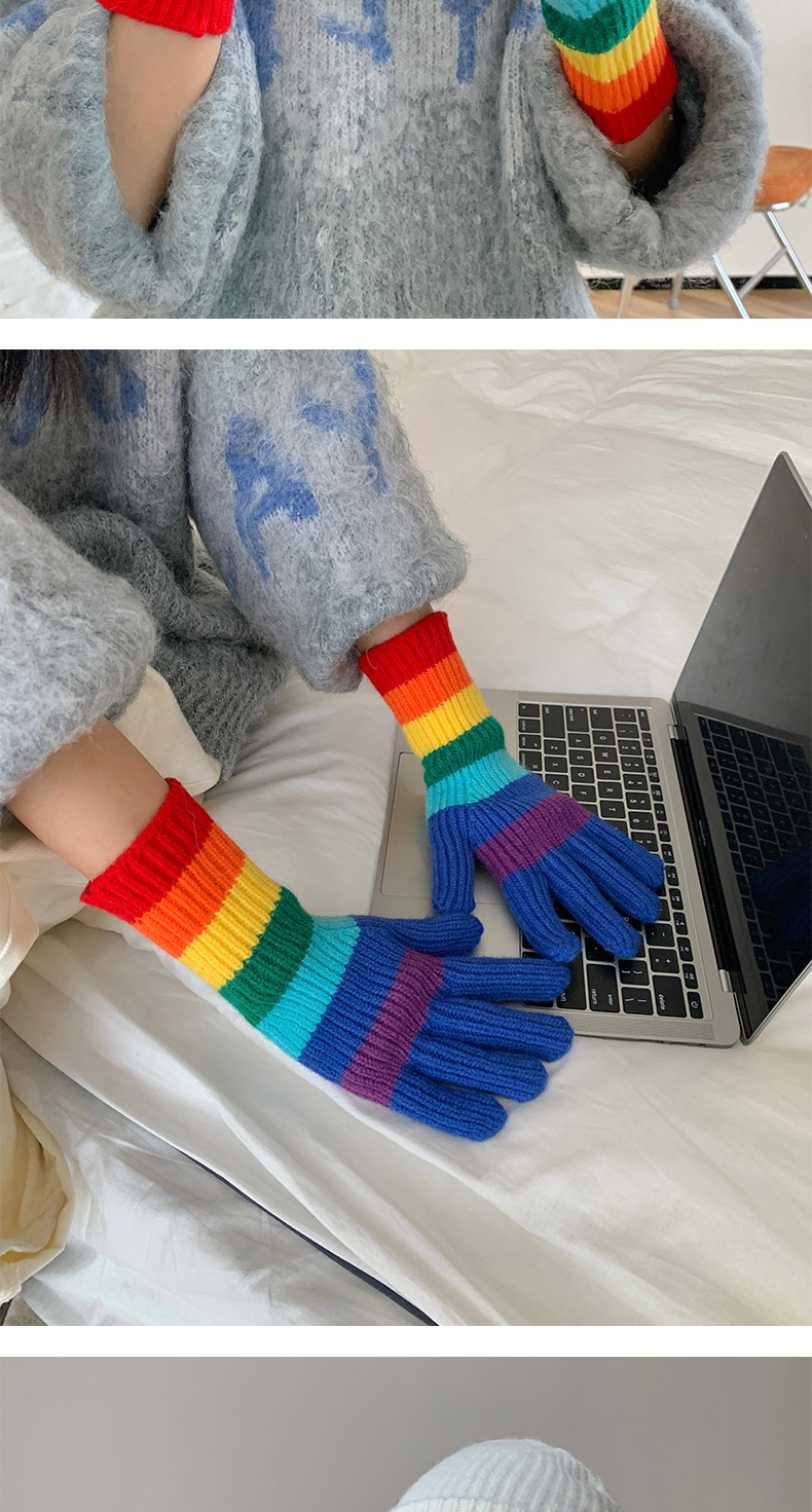 Rainbow Stripe Gloves Wool Thickened Touch Screen For Couples_voghion.com