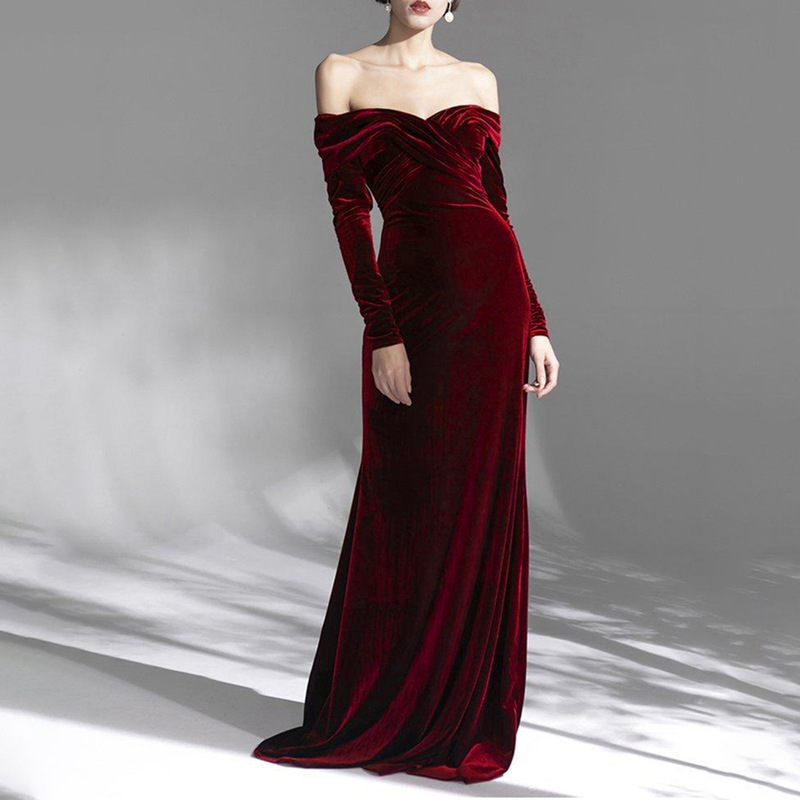 2023 New European and American Women's One-Neck Shoulder Long-Sleeved Velvet Large Skirt Evening Dress Toasting Dress Bridesmaid Dress 2023 New European and American Women's One-Neck Shoulder Long-Sleeved Velvet Large Skirt Evening Dress Toasting Dress Bridesmaid Dress