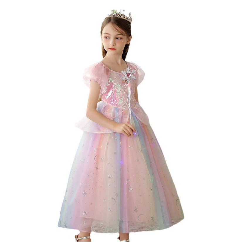 Новое летнее платье Эльзы 2025 года, розовое, разноцветное, с короткими рукавами, детское, пышное, стильное, в стиле феи, класса люкс