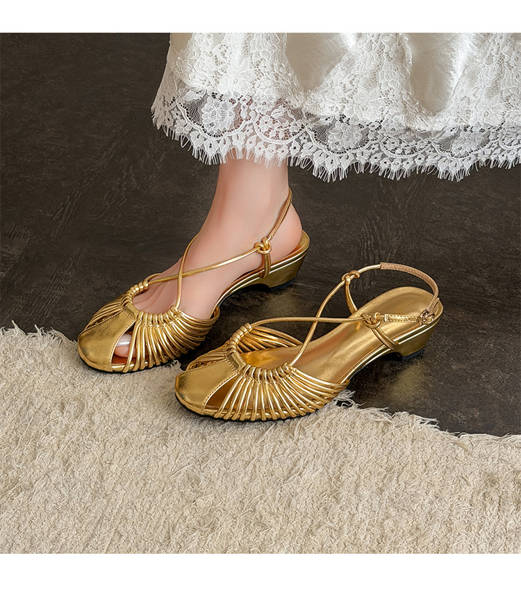 Sandal nữ quai mảnh buộc chéo gót trung bình phong cách Hàn Quốc — màu nâu chi tiết 7