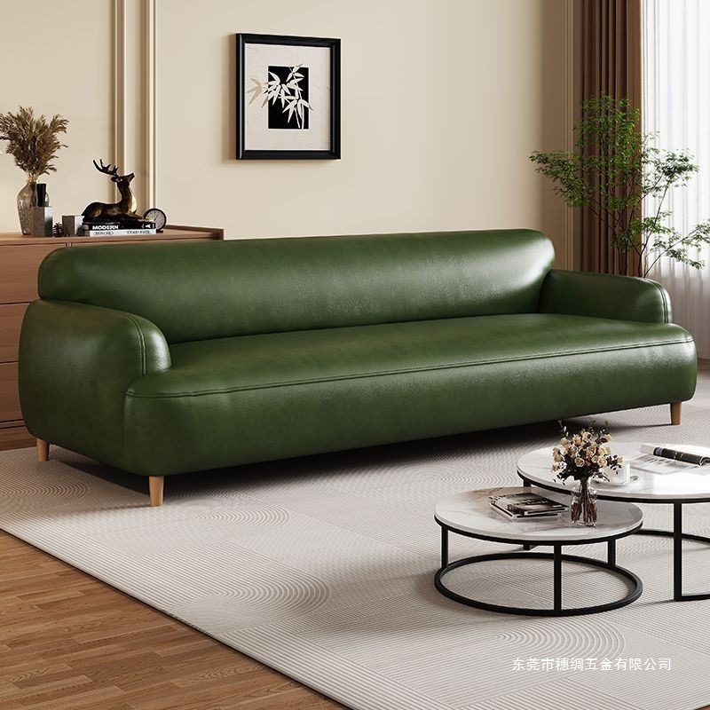 Vintage Oil Wax Leather Sofa for Small Spaces, Simple Cowhide Apartment Bedroom Living Room Double Straight Row