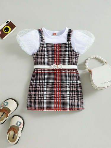 Baoxin Foreign Trade Baby and Child Suit Baby Girl Summer Puff Sleeve Plaid Suspender Skirt Belt Children's Suit