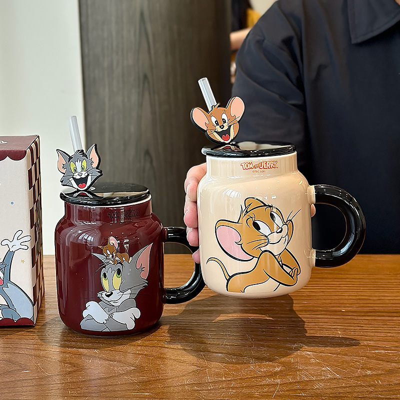 猫和老鼠新款可爱带盖陶瓷马克杯家用咖啡杯子情侣生日礼物吸管杯|undefined