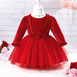 2025 New European and American Autum Dress Dress Top Lantern Sleeve Three Rose Mesh Girls Dress